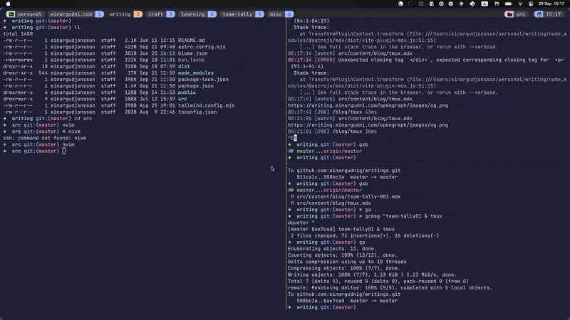 Animated GIF showing tmux in action